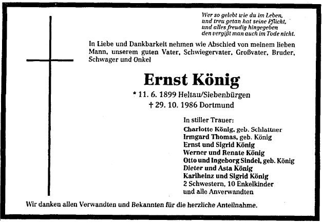 Koenig Ernst 1899-1986 Todesanzeige